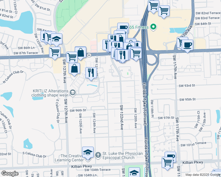 map of restaurants, bars, coffee shops, grocery stores, and more near 12250 Southwest 93rd Street in Miami