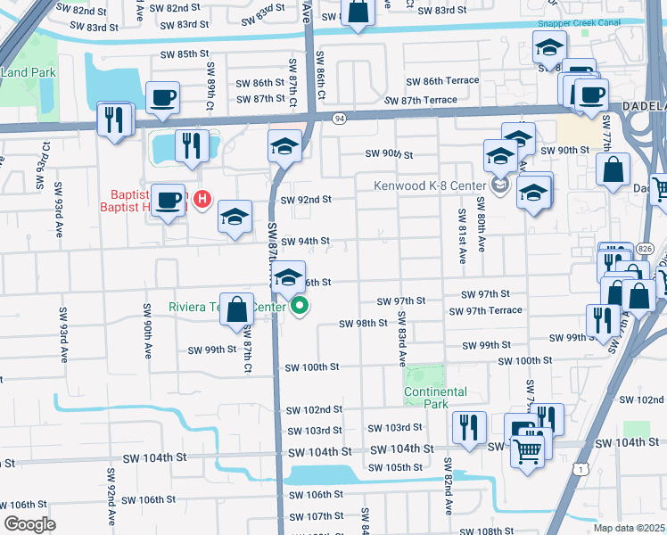 map of restaurants, bars, coffee shops, grocery stores, and more near 8445 Southwest 96th Street in Miami