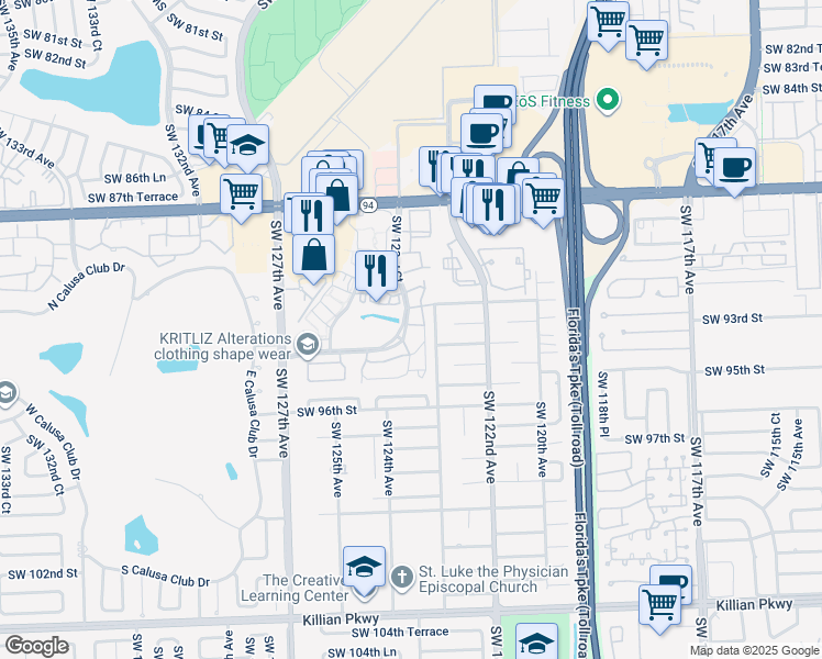 map of restaurants, bars, coffee shops, grocery stores, and more near 12318 SW 92nd Terrace in Miami