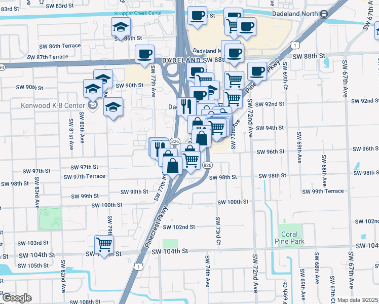 map of restaurants, bars, coffee shops, grocery stores, and more near 9536 South Dixie Highway in Pinecrest