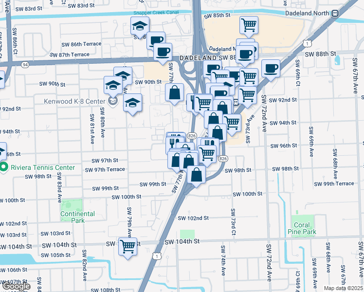 map of restaurants, bars, coffee shops, grocery stores, and more near 9601 Southwest 77th Avenue in Kendall