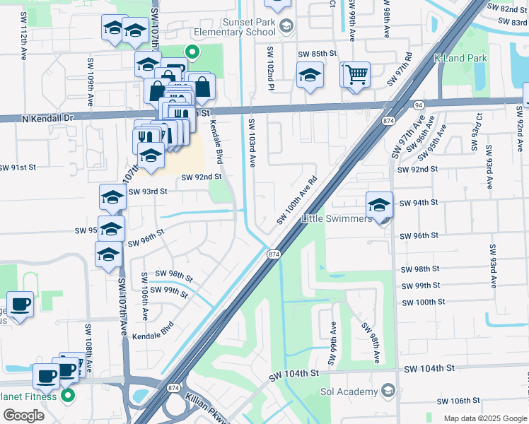 map of restaurants, bars, coffee shops, grocery stores, and more near 10255 Southwest 96th Terrace in Miami