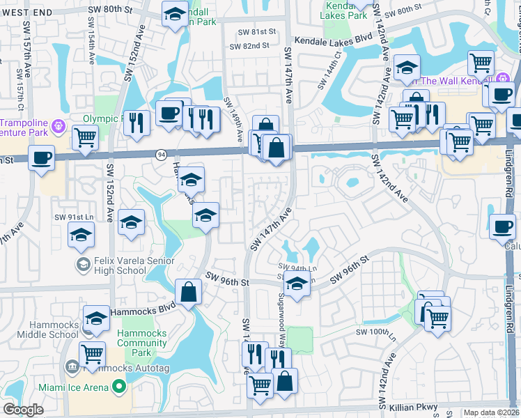 map of restaurants, bars, coffee shops, grocery stores, and more near 9116 Southwest 147th Court in Miami