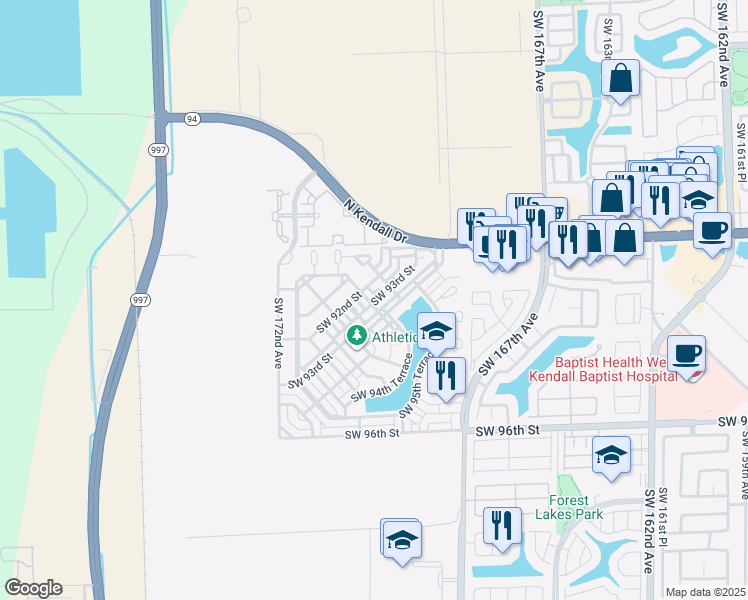 map of restaurants, bars, coffee shops, grocery stores, and more near 16985 Southwest 93rd Street in Miami