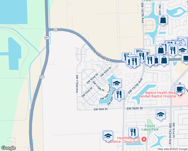 map of restaurants, bars, coffee shops, grocery stores, and more near 17019 Southwest 92nd Street in Miami