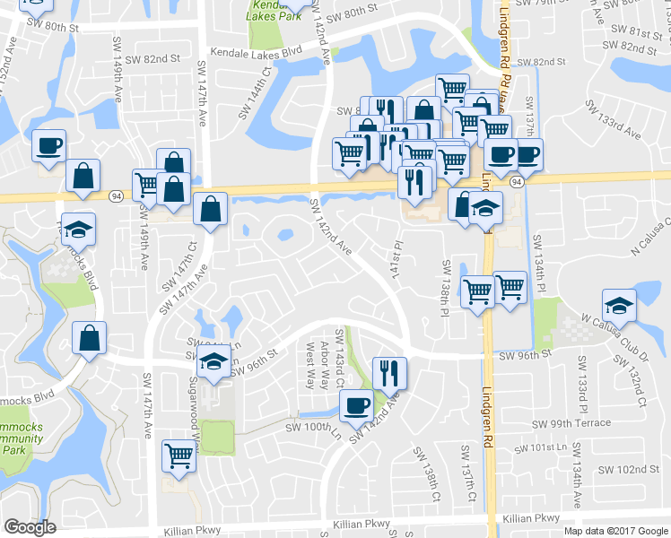 map of restaurants, bars, coffee shops, grocery stores, and more near 9133 Southwest 142nd Place in Miami