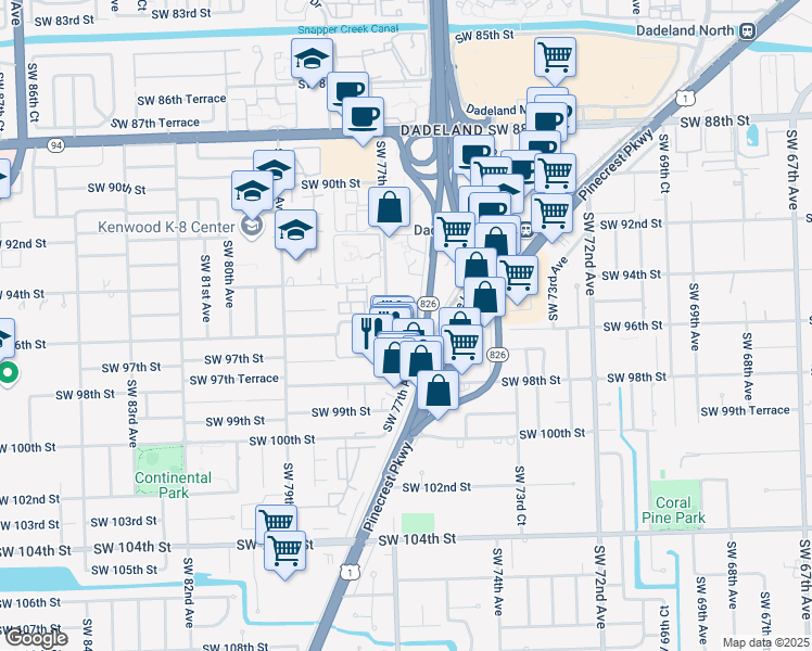 map of restaurants, bars, coffee shops, grocery stores, and more near 9601 Southwest 77th Avenue in Kendall