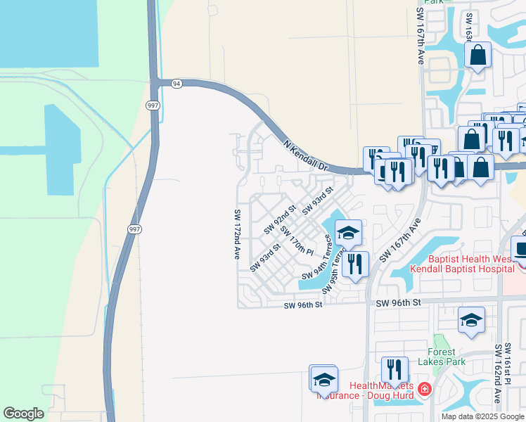 map of restaurants, bars, coffee shops, grocery stores, and more near 9124 Southwest 170th Place in Miami