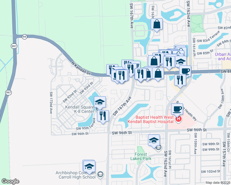 map of restaurants, bars, coffee shops, grocery stores, and more near 16815 Southwest 90th Terrace in Miami