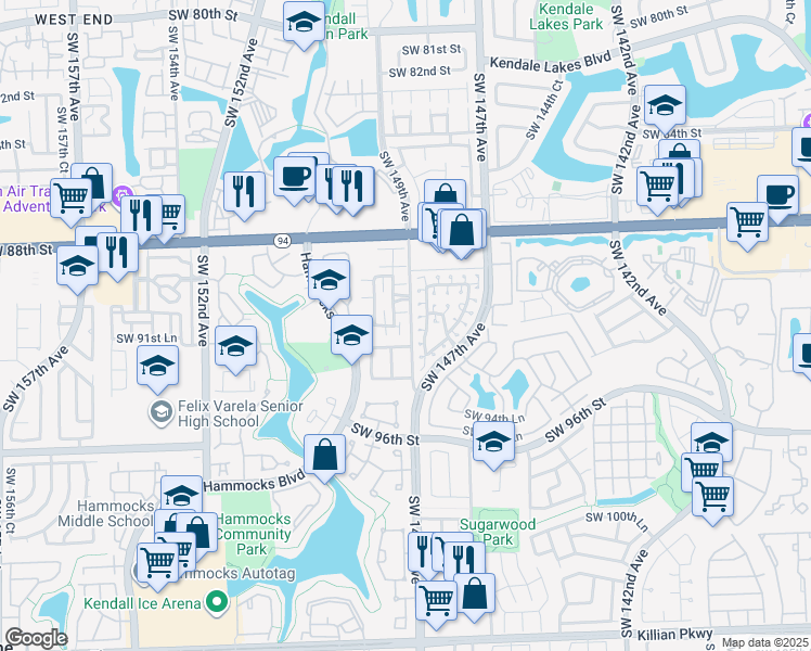 map of restaurants, bars, coffee shops, grocery stores, and more near 9111 Southwest 149th Court in Miami