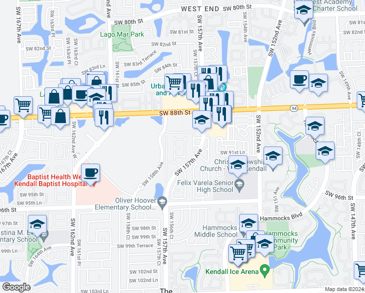 map of restaurants, bars, coffee shops, grocery stores, and more near 9078 Southwest 157th Court in Miami