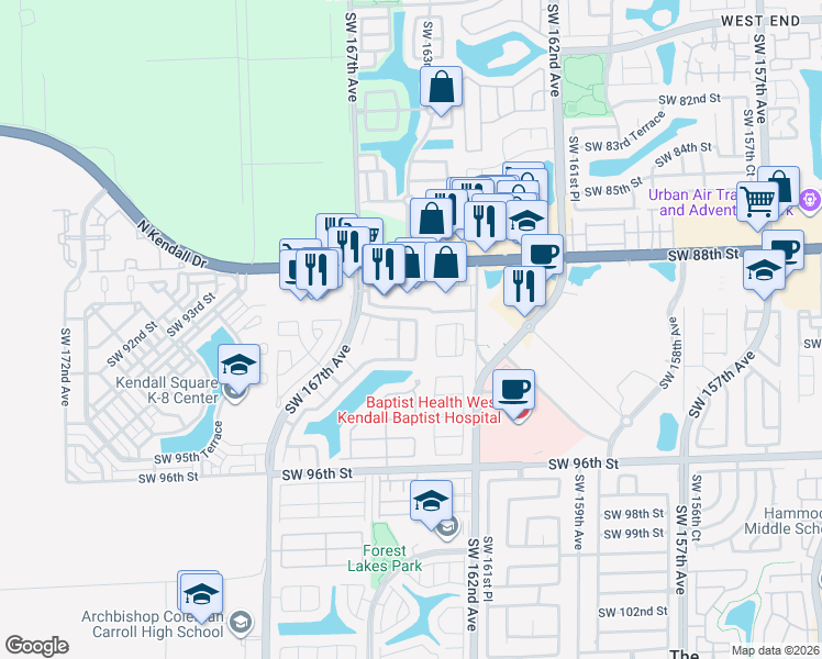 map of restaurants, bars, coffee shops, grocery stores, and more near 9060 Southwest 165th Place in Miami
