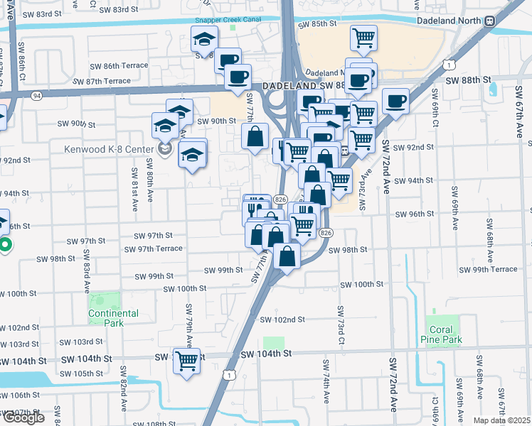 map of restaurants, bars, coffee shops, grocery stores, and more near 9601 Southwest 77th Avenue in Kendall