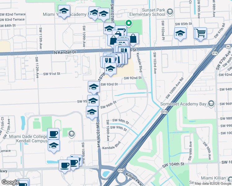 map of restaurants, bars, coffee shops, grocery stores, and more near 10470 Southwest 93rd Terrace in Miami