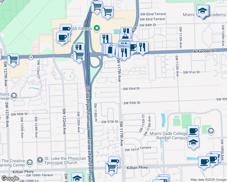 map of restaurants, bars, coffee shops, grocery stores, and more near 11717 Southwest 93rd Terrace in Miami