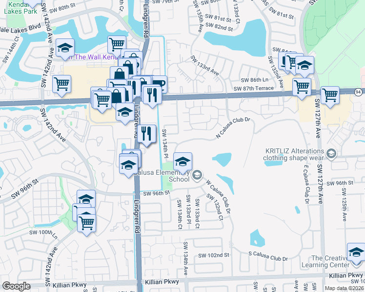 map of restaurants, bars, coffee shops, grocery stores, and more near 13340 North Calusa Club Drive in Miami