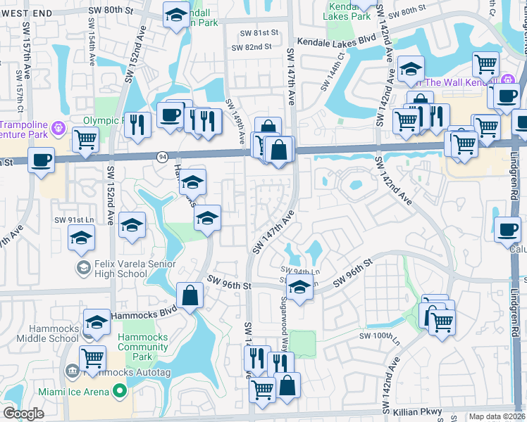 map of restaurants, bars, coffee shops, grocery stores, and more near 9116 Southwest 147th Court in Miami