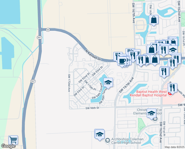 map of restaurants, bars, coffee shops, grocery stores, and more near 16985 Southwest 93rd Street in Miami