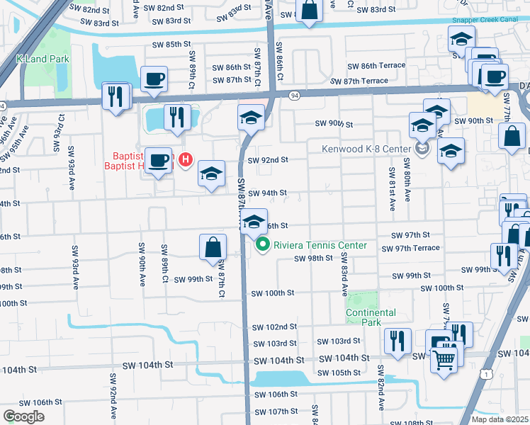 map of restaurants, bars, coffee shops, grocery stores, and more near 8525 Southwest 96th Street in Miami