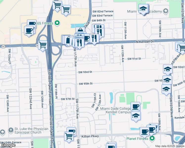 map of restaurants, bars, coffee shops, grocery stores, and more near 11460 Southwest 93rd Street in Miami