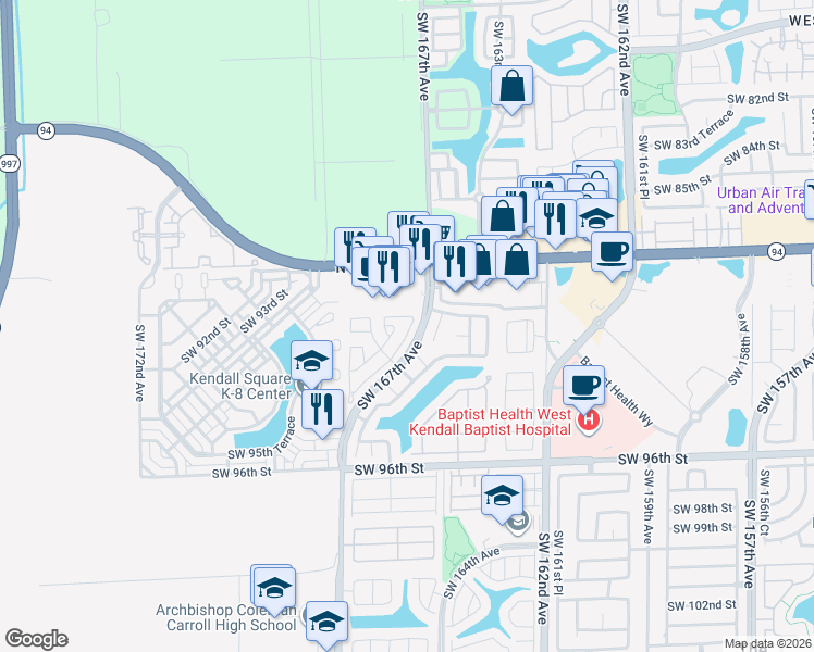 map of restaurants, bars, coffee shops, grocery stores, and more near 9038 Southwest 167th Court in Miami