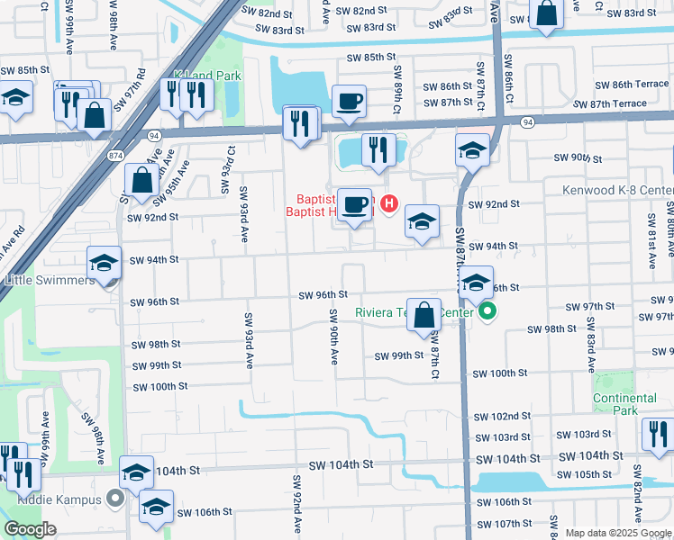 map of restaurants, bars, coffee shops, grocery stores, and more near 9434 Southwest 89th Place in Miami