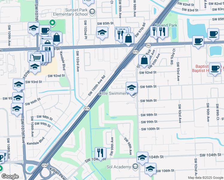 map of restaurants, bars, coffee shops, grocery stores, and more near 9865 Southwest 94th Terrace in Miami