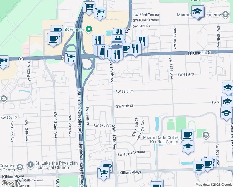 map of restaurants, bars, coffee shops, grocery stores, and more near 11564 Southwest 93rd Street in Miami