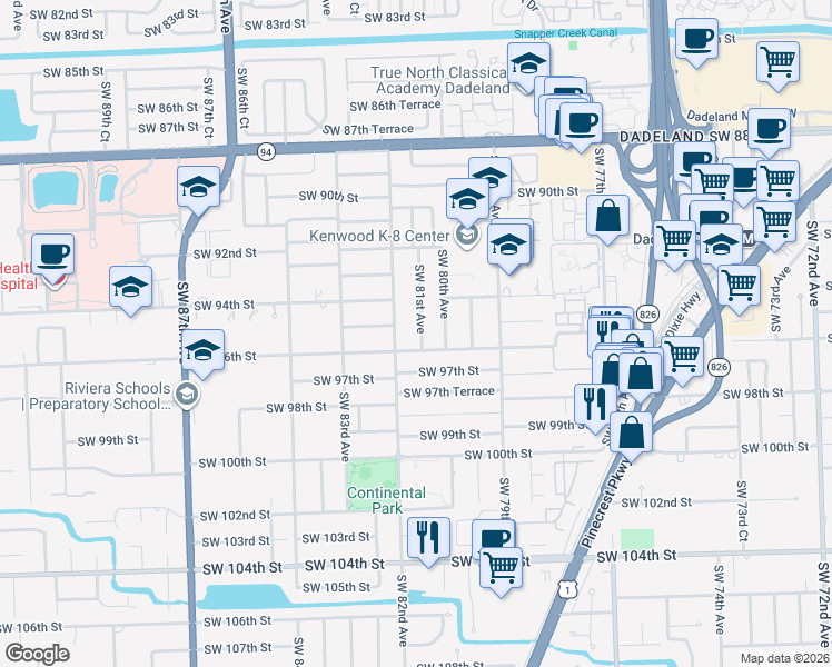 map of restaurants, bars, coffee shops, grocery stores, and more near 9540 Southwest 81st Avenue in Miami
