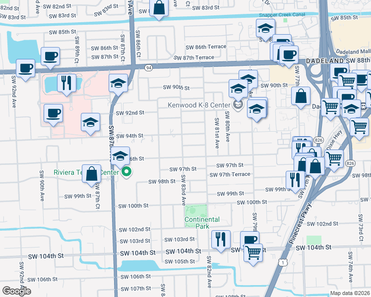 map of restaurants, bars, coffee shops, grocery stores, and more near 8315 Southwest 96th Street in Miami