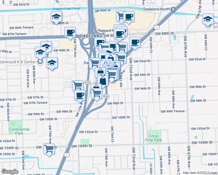 map of restaurants, bars, coffee shops, grocery stores, and more near 7355 Southwest 96th Street in Miami