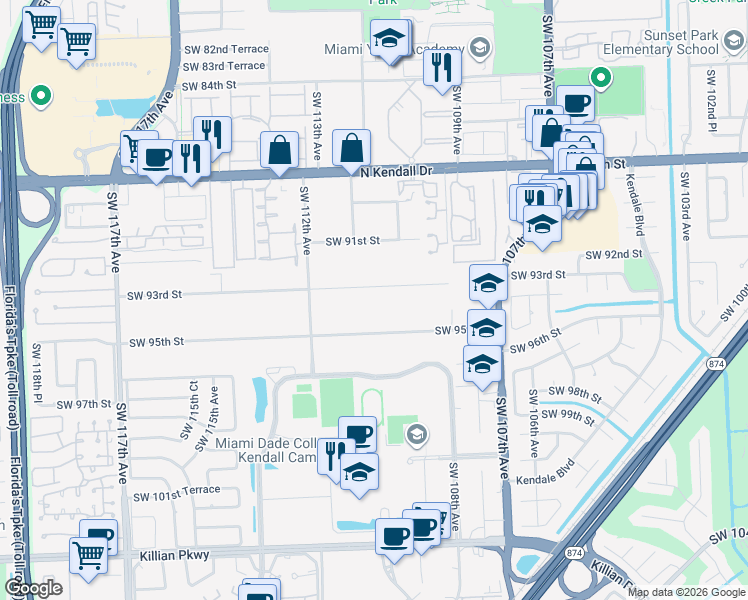 map of restaurants, bars, coffee shops, grocery stores, and more near 10930 Southwest 93rd Street in Miami