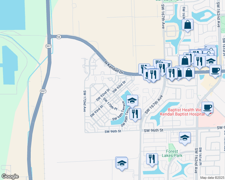 map of restaurants, bars, coffee shops, grocery stores, and more near 16985 Southwest 93rd Street in Miami