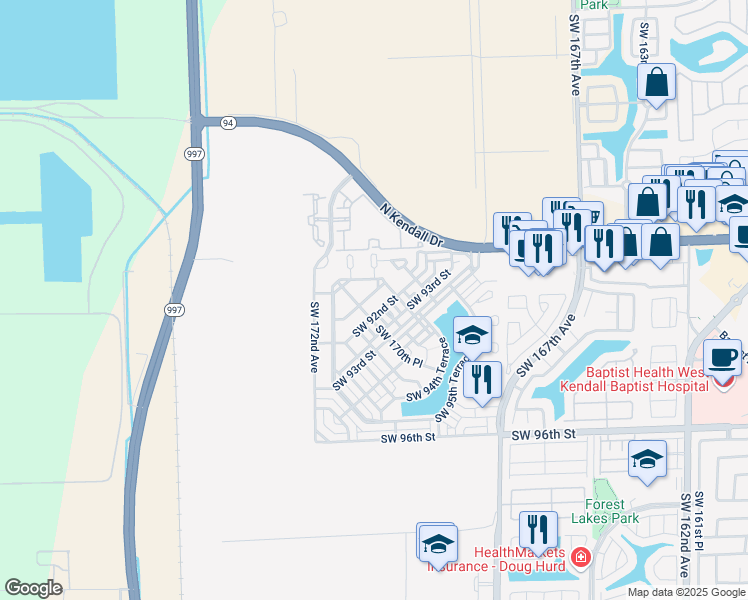 map of restaurants, bars, coffee shops, grocery stores, and more near 17019 Southwest 92nd Street in Miami