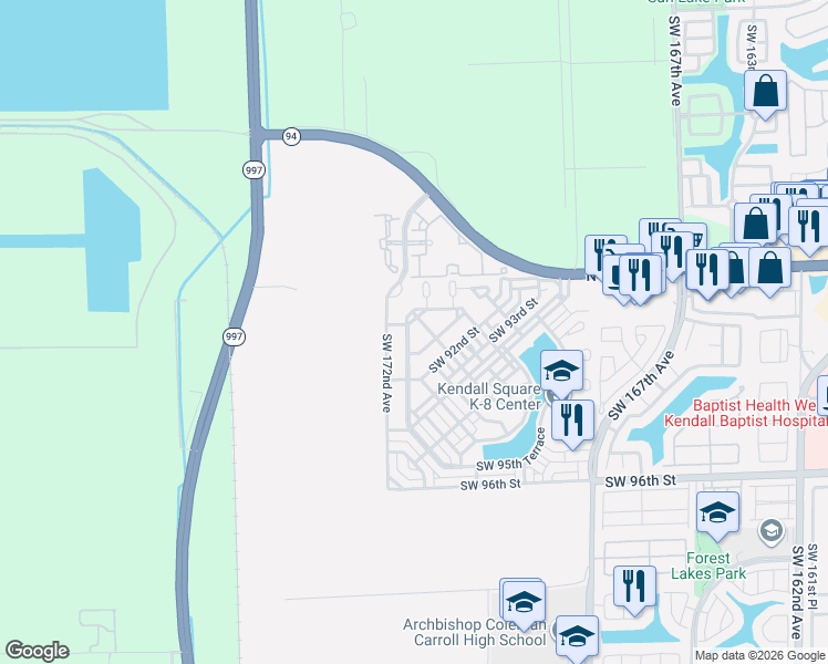 map of restaurants, bars, coffee shops, grocery stores, and more near 9124 Southwest 170th Place in Miami