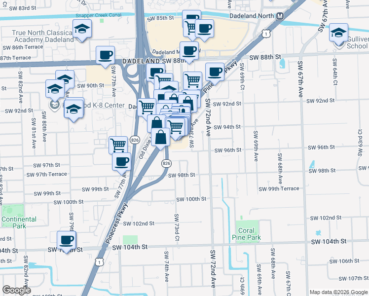 map of restaurants, bars, coffee shops, grocery stores, and more near 7315 Southwest 96th Street in Pinecrest