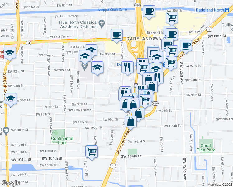 map of restaurants, bars, coffee shops, grocery stores, and more near 7798 Southwest 95th Terrace in Kendall