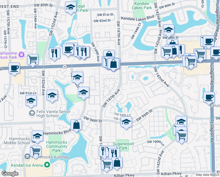 map of restaurants, bars, coffee shops, grocery stores, and more near 9116 Southwest 147th Court in Miami