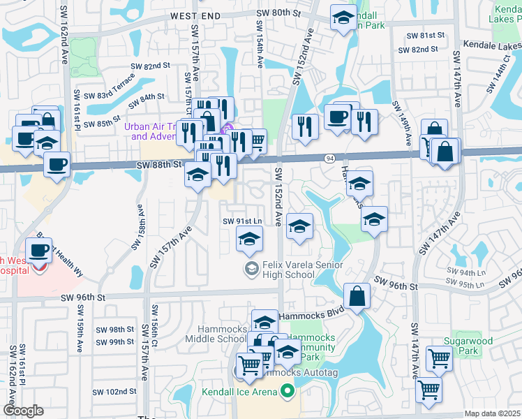 map of restaurants, bars, coffee shops, grocery stores, and more near 9140 Southwest 152nd Court in Miami