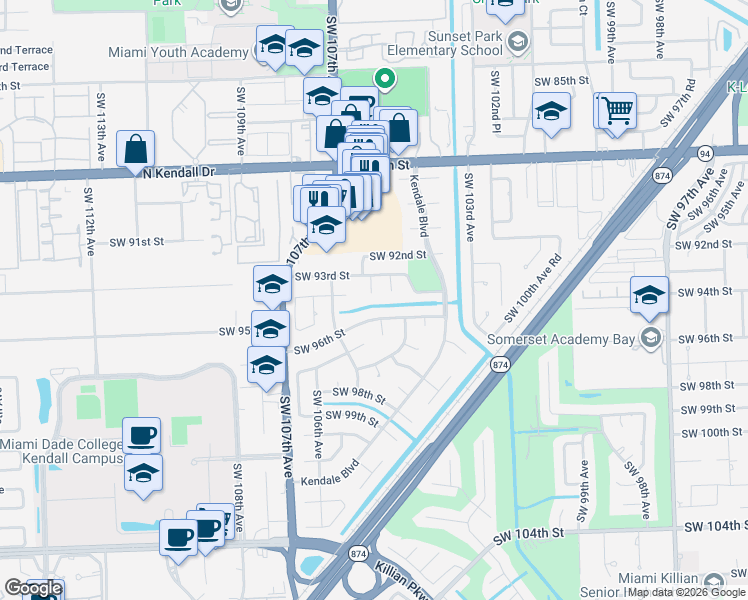 map of restaurants, bars, coffee shops, grocery stores, and more near 10425 Southwest 96th Street in Miami