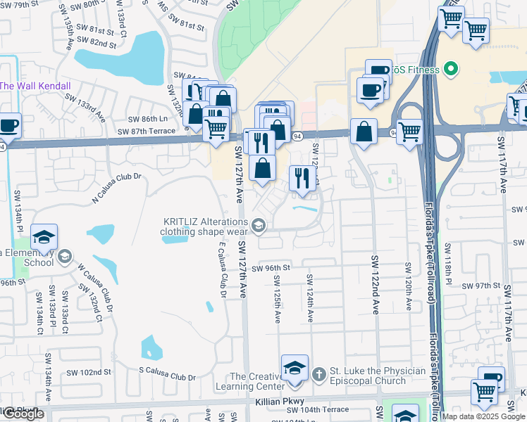 map of restaurants, bars, coffee shops, grocery stores, and more near 9050 Southwest 125th Avenue in Miami
