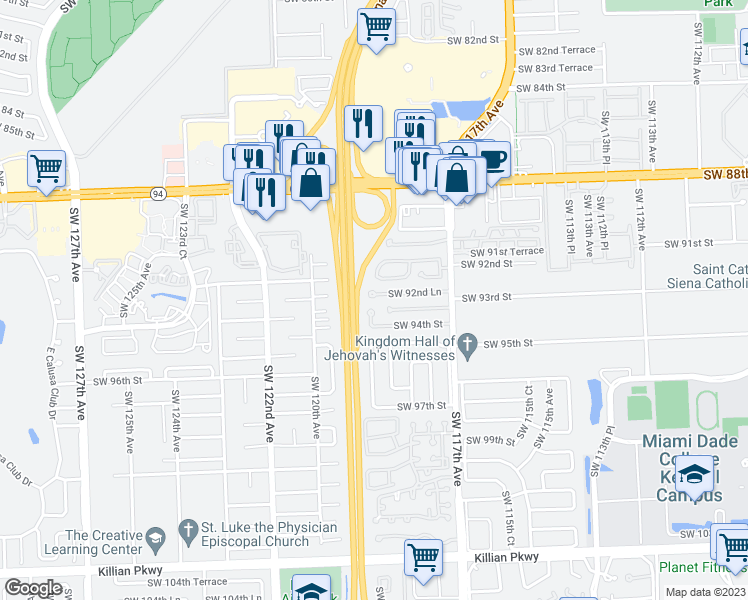 map of restaurants, bars, coffee shops, grocery stores, and more near 9341 Southwest 118th Place in Miami