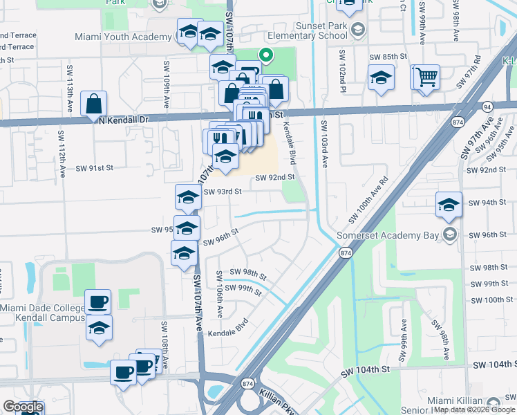map of restaurants, bars, coffee shops, grocery stores, and more near 10425 Southwest 96th Street in Miami