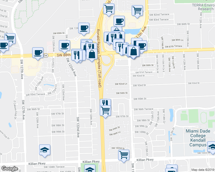 map of restaurants, bars, coffee shops, grocery stores, and more near 9341 Southwest 118th Place in Miami