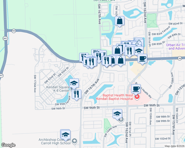 map of restaurants, bars, coffee shops, grocery stores, and more near 9038 Southwest 167th Court in Miami