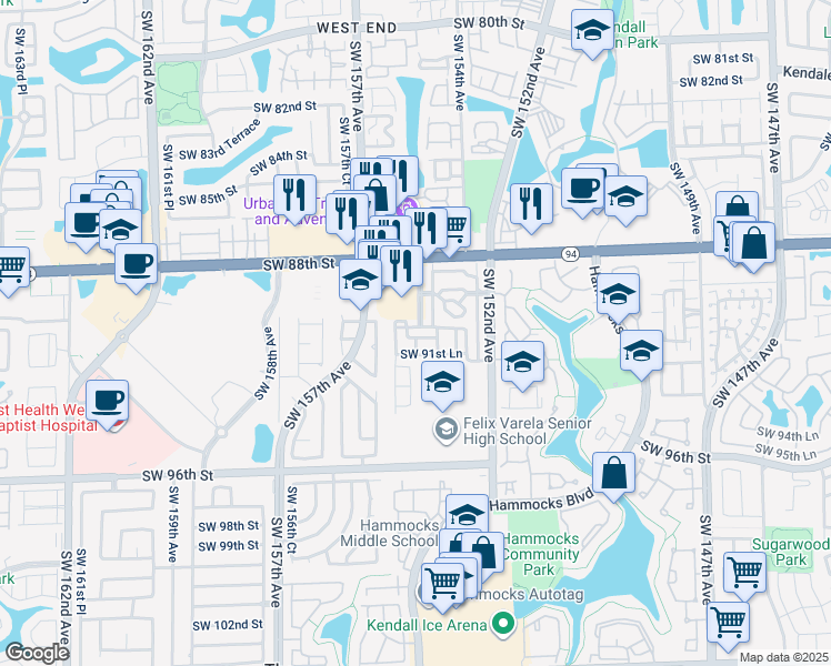 map of restaurants, bars, coffee shops, grocery stores, and more near 9140 Southwest 153rd Avenue in Miami