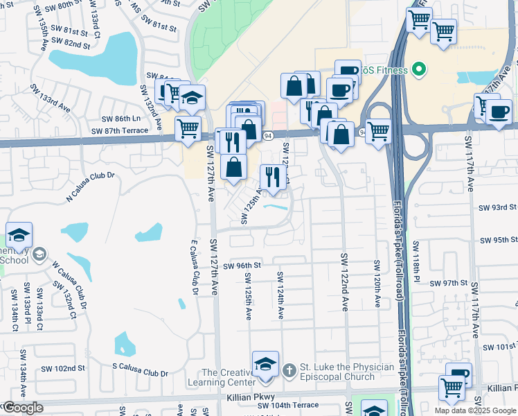 map of restaurants, bars, coffee shops, grocery stores, and more near 9280 Court in Miami
