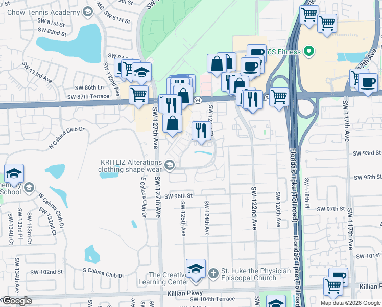 map of restaurants, bars, coffee shops, grocery stores, and more near 9280 Court in Miami
