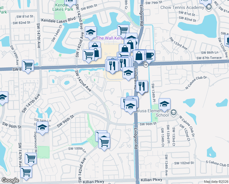 map of restaurants, bars, coffee shops, grocery stores, and more near 14020 91st Terrace in Miami
