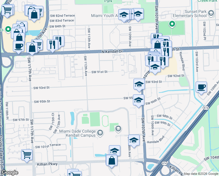 map of restaurants, bars, coffee shops, grocery stores, and more near 10930 Southwest 93rd Street in Miami